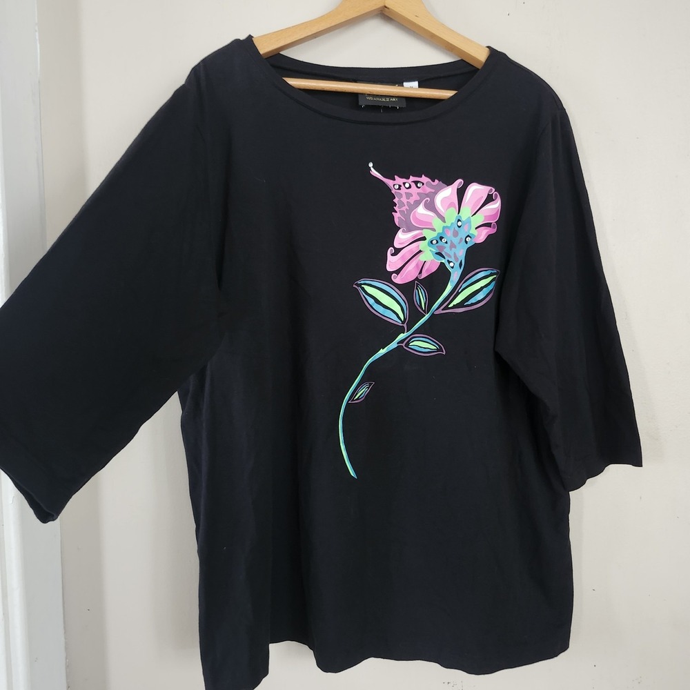 Bob Mackie Wearable Womens 1X Black Floral Print 3/4 Sleeve Top Shirt Rhinestone - Picture 3 of 5